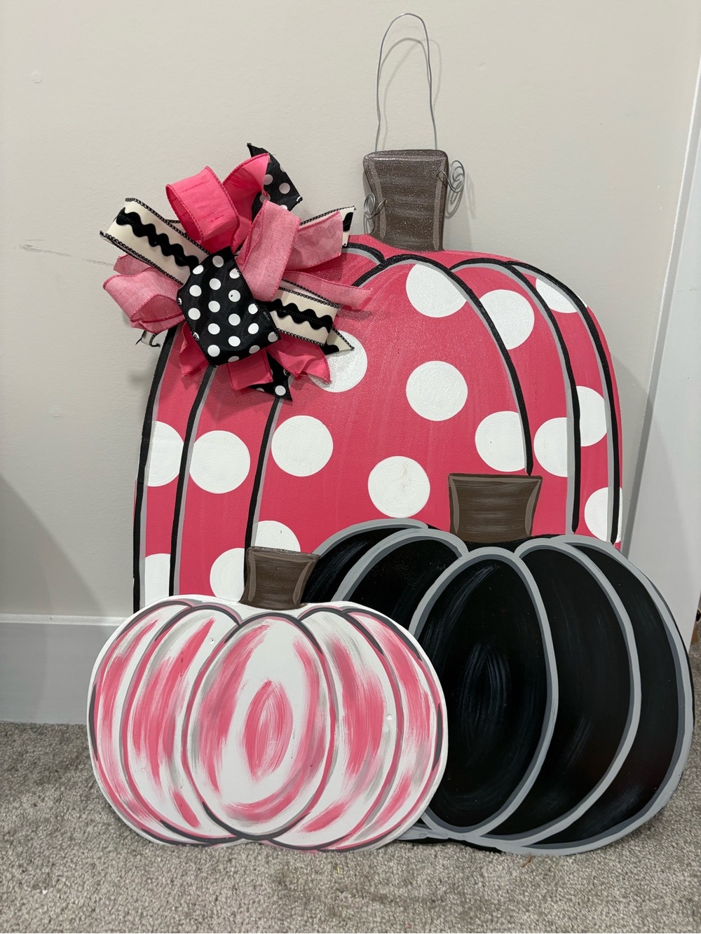 Polka Dot Pink Triple Pumpkin Door Hanger